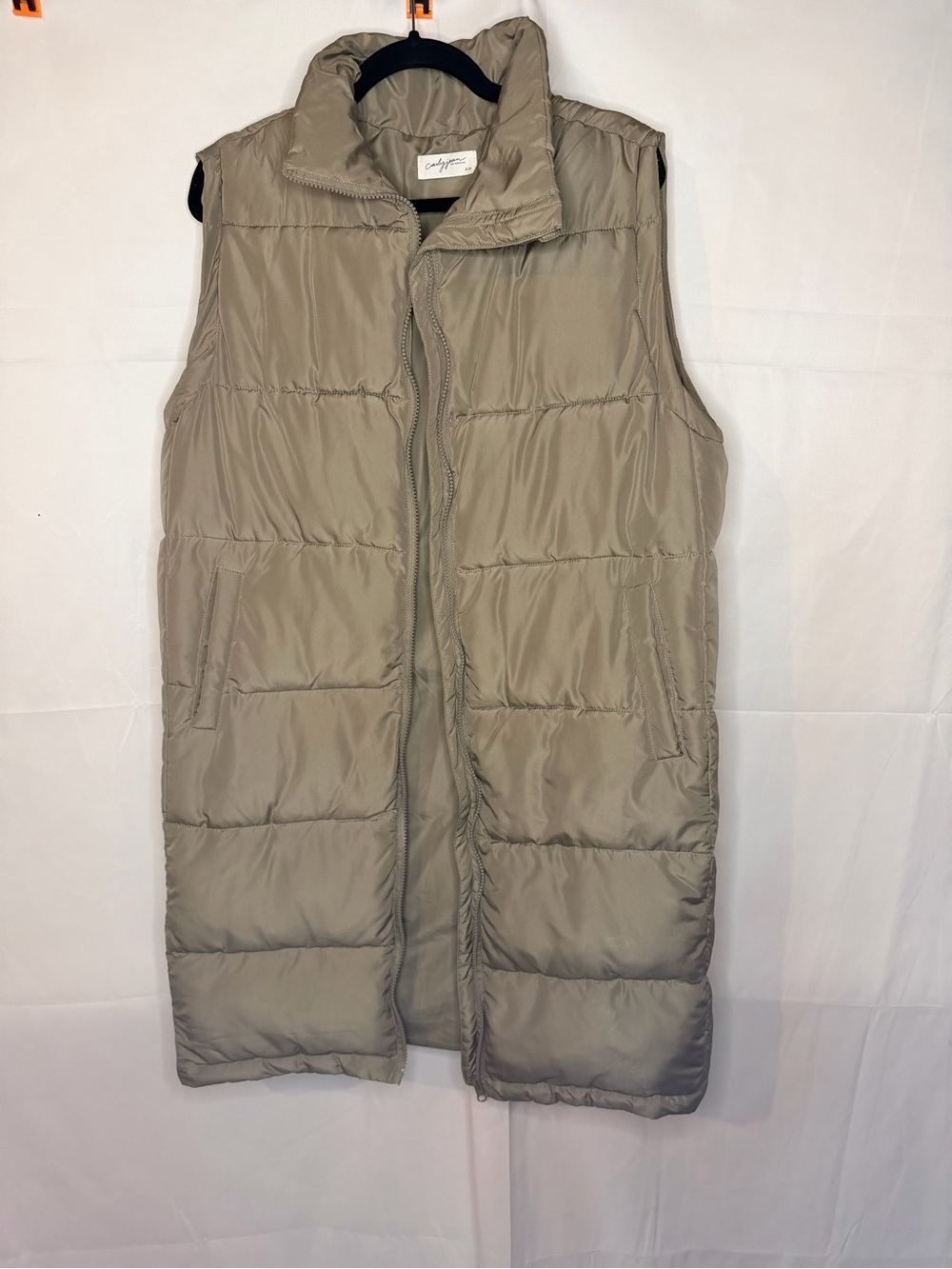 CJLA Carly Jean Los Angeles Long Quilted Puffer Vest in Grey/Taupe